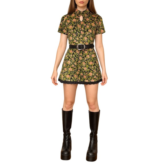 VINTAGE 70s floral velvet mini dress handmade mod keyhole cottagecore Y2K vibes - Picture 1 of 13